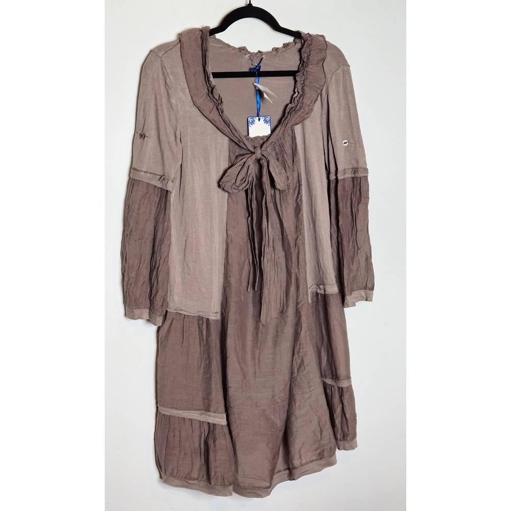 Tempo Paris Dress Made In Italy NEW Womens L Long Sleeve‎ Brown Silk Cotton Boho